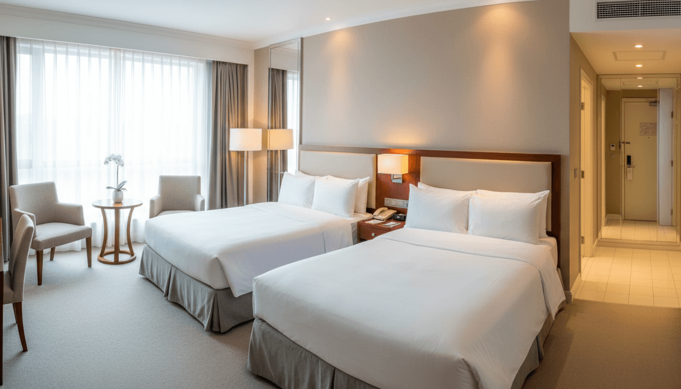 Professionally cleaned hotel room with two double beds, crisp linens, and soft lighting