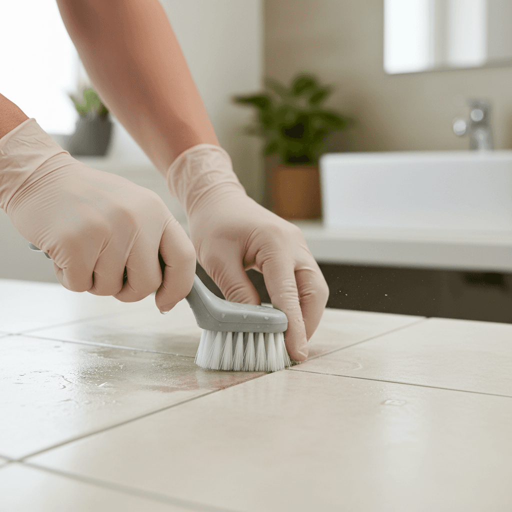 Close-up of cleaning technician's hands demonstrating specialized cleaning technique on textured tile or fabric surface