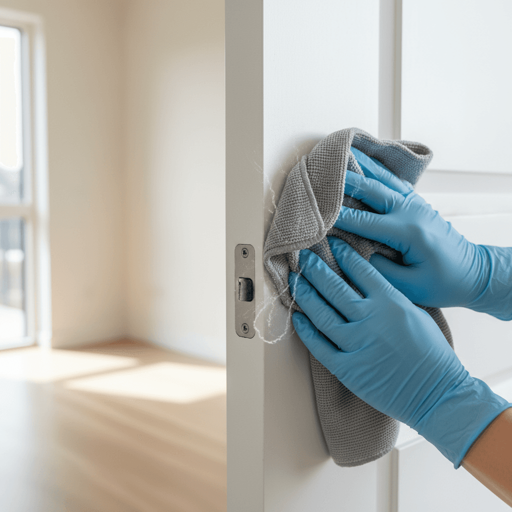 Professional cleaner's hands wiping white door frame with microfiber cloth, removing construction dust in bright natural light